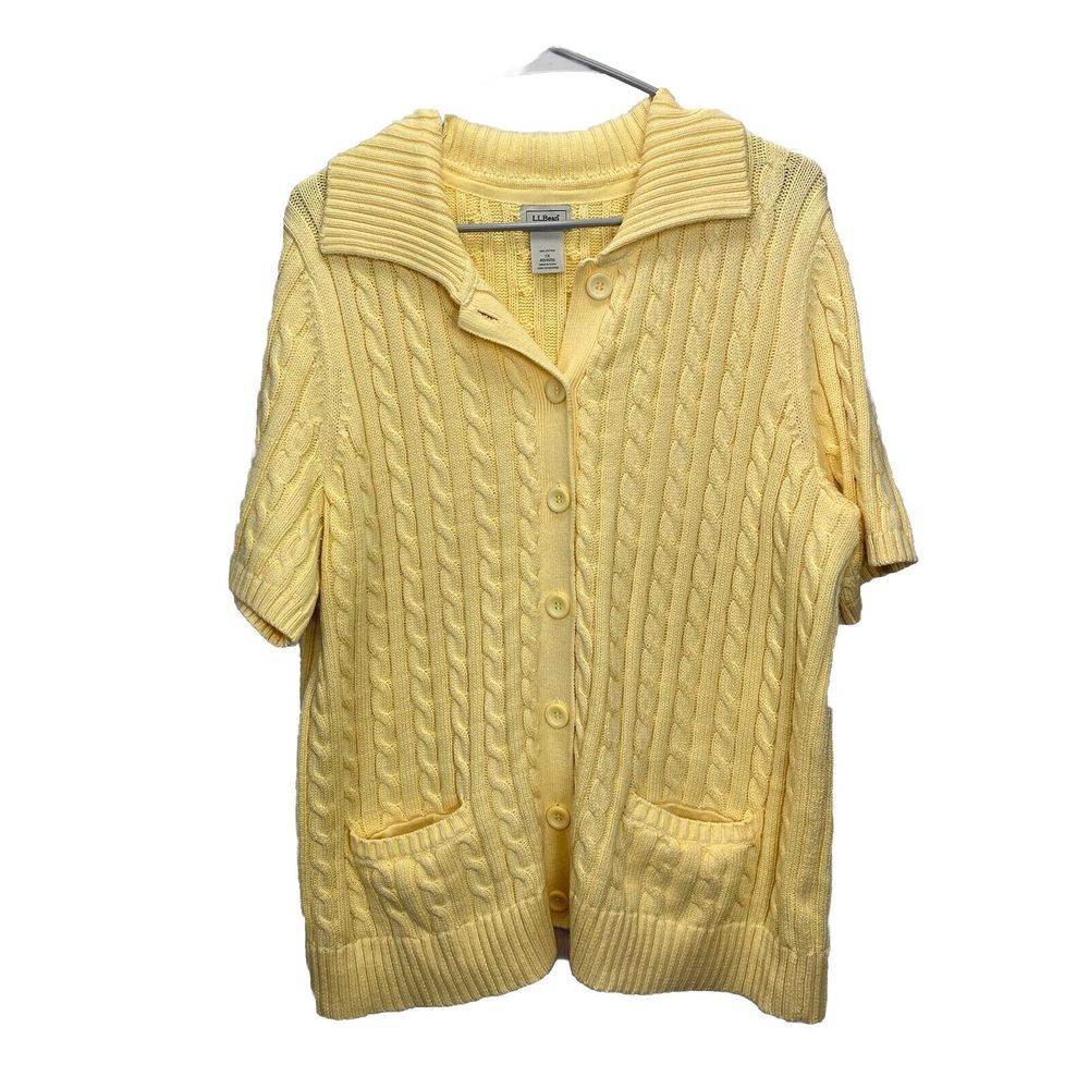 LL Bean Yellow Button Cotton Cable Short Sleeve Cardigan Sweater 1X Pockets - Picture 2 of 7